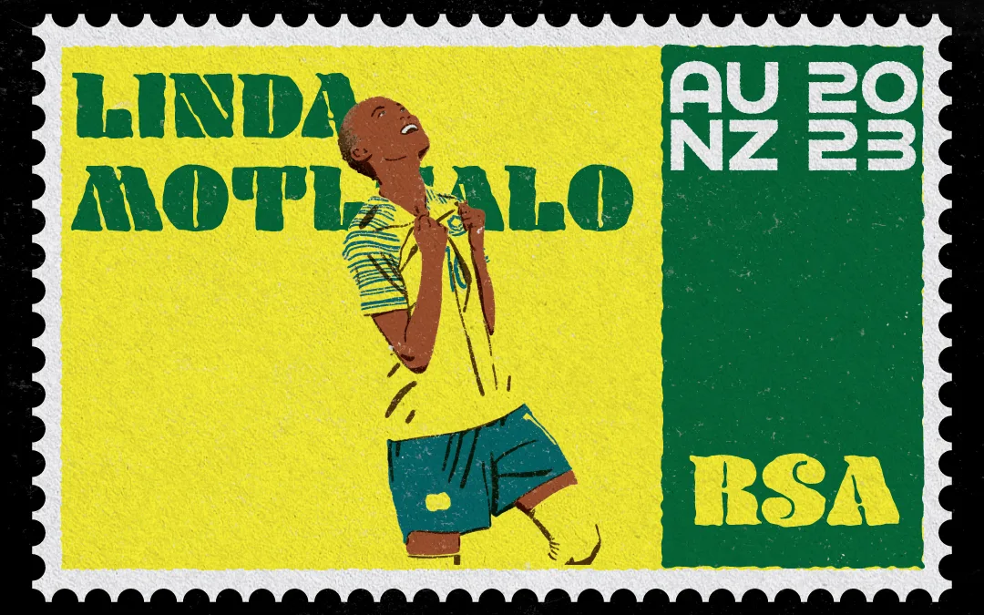 Vintage Stamp Illustration of Linda Motlhalo for the Women's World Cup
