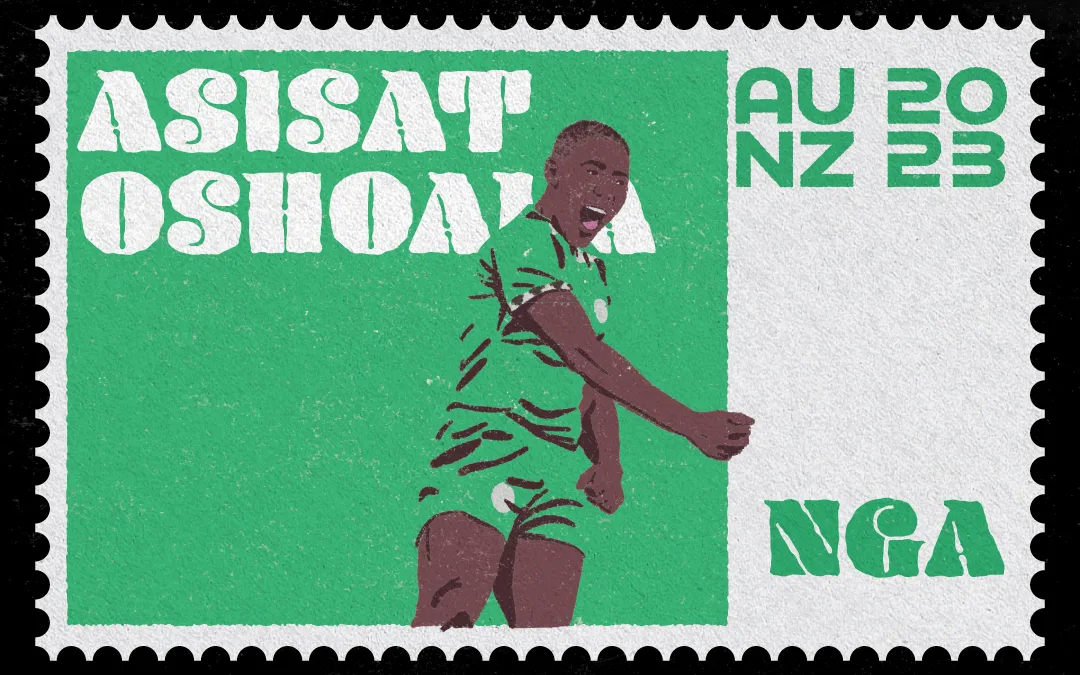 Vintage Stamp Illustration of Asisat Oshoala for the Women's World Cup