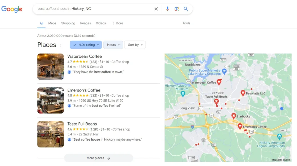 "best coffee shops in Hickory, NC" Google Local Pack example