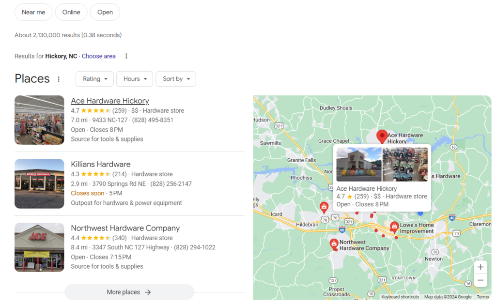 The top of the search results will likely feature a map showing pins in Hickory, each representing a hardware store, followed by a compact list of three stores. This list is what we refer to as the Google Local Pack.