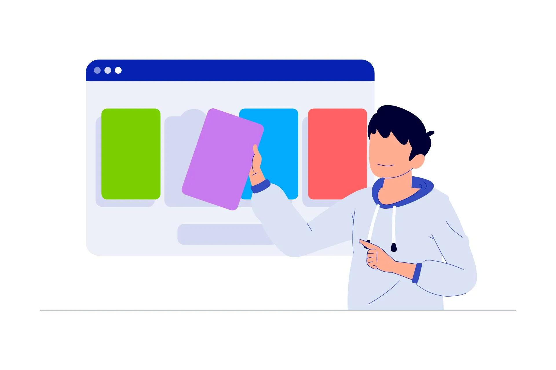 Illustration of a business owner using Color Psychology to choose the best color for their business. They are looking at several different colors to pick from.
