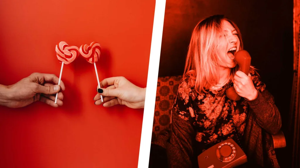 Collage of two images. The left image is of Two Hands Holding Red Heart Shaped Lollipops. The right image is a woman angrily shouting on the phone. The collage illustrates how context shapes the emotional impact of color.
