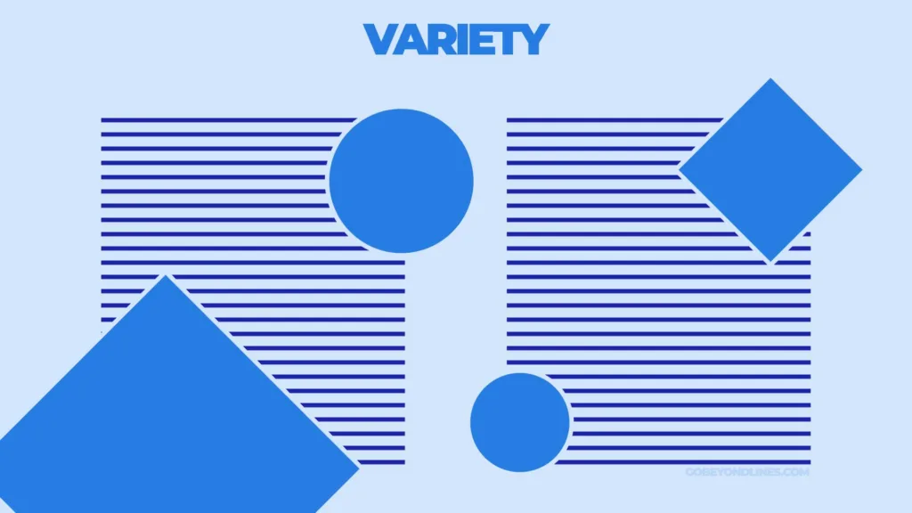 Variety design principle illustrated with lines, circles and squares at an angle.